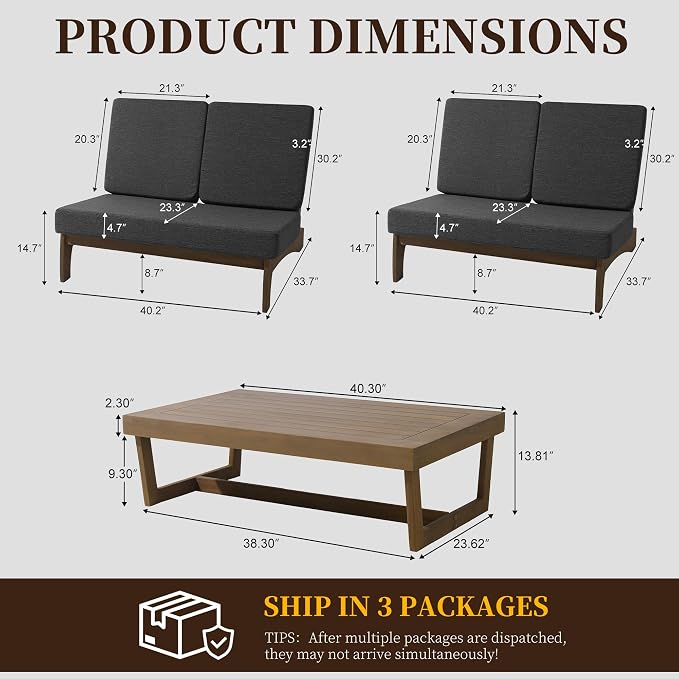 All Weather Wood Patio Furniture Sets, 3 Pieces Patio Loveseat Sofa Outdoor Sectional Futniture Backyard Conversation Set with Solid Wooden Coffee Table - Dark Gray
