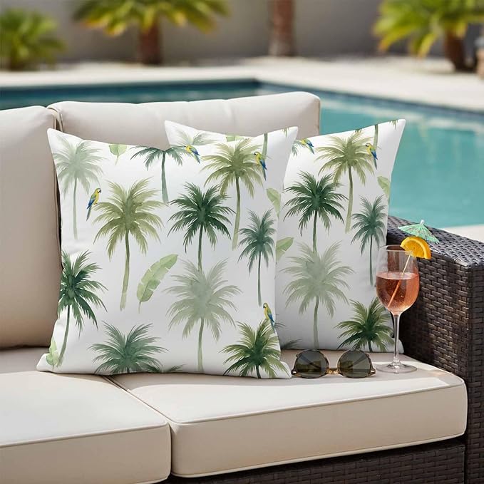 Yukro Summer Palm Tree Parrot Outdoor Waterproof Pillow Covers Pack of 2, Tropical Green Leaf Bird Throw Pillowcases Decorative Cushion Covers for Garden Patio Tent Sofa Couch, 24x24 inch