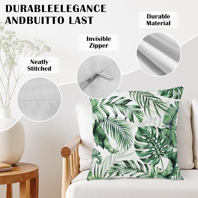 Palm Leaf Pillow Covers Tropical Monstera Leaves Throw Pillow Covers 18x18 Set of 2 Hawaiian Green Pillow Cases Summer Banana Tree Outdoor Cushion Cases for Home Farmhouse Garden