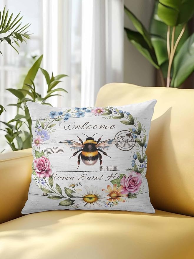 Outdoor Waterproof Throw Pillows Rustic Bee Flower Wreath Patio Pillows,Decorative Pillow Covers with Insert,Pillow Cushion Case for Garden Couch Sofa Farmhouse White Wood Board