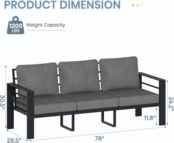 3-Seater Outdoor Patio Sofa, Metal Outdoor Couch with 3.54” Wide Seat and Thick Cushions, Modern Heavy Duty Patio Furniture for Backyard, Garden and Deck
