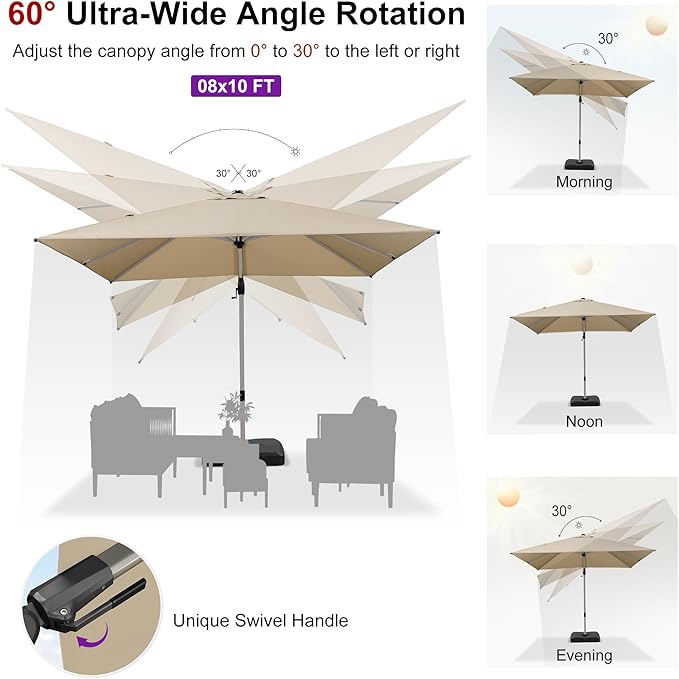 PURPLE LEAF 8' X 10' Left-right Tilting Patio Umbrella Outdoor Swivel Cantilever Umbrella Aluminum Offset Umbrella with Champagne Frame and 360-degree Rotation for Garden Deck Pool, Beige