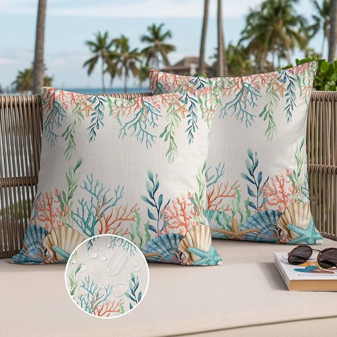 Throw Pillow Covers 20x20 Inch Set of 2, Summer Ocean Waterproof Outdoor Pillow Covers, Watercolor Coastal Coral Shell Seaweed Beige Decorative Cushion Pillowcases for Couch, Sofa, Bed, Garden, Patio