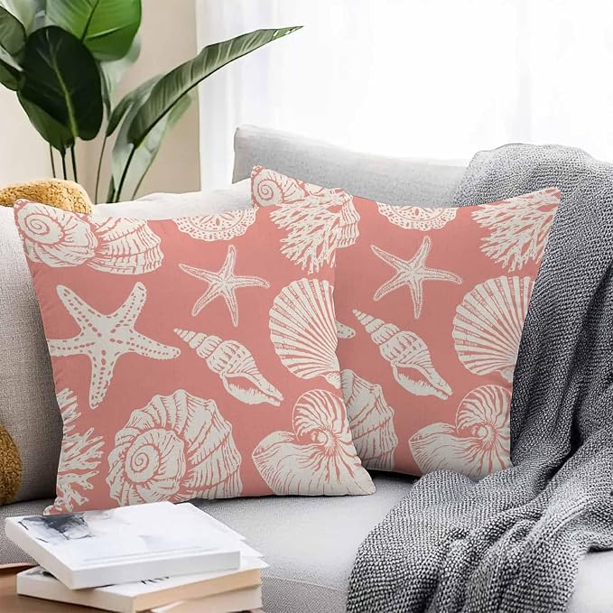 Waterproof Pillow Covers Set of 2 16x16 Inch Ocean Coastal Outdoor Cushion Covers Shells Starfish Conch Coral Red Linen Decorative Pillow Cases for Patio, Sofa, Couch, Garden, Balcony