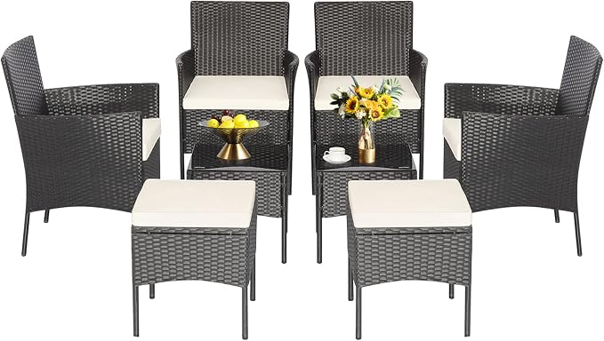 Tangkula 8 Piece Wicker Sofa Set, Patiojoy Outdoor Rattan Sofa Set w/2 Coffee Tables & 2 Ottomans, Rustproof Metal Frame, Soft Seat Cushions, Patio Wicker Conversation Set for Backyard, Poolside