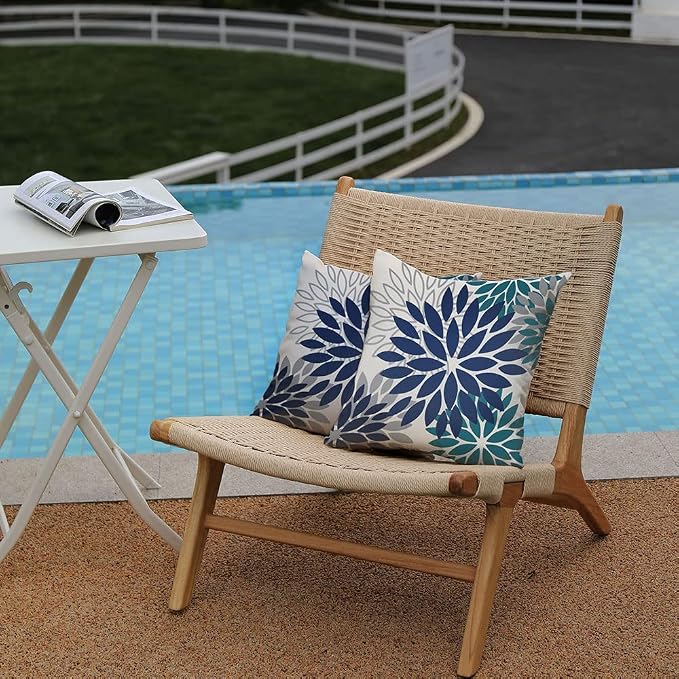 DFXSZ Outdoor Waterproof Pillow Covers 20x20 Set of 2 NavyBlue Green Flower | Spring Summer Waterproof Flower Throw Pillowcases（No Inserts）Outdoor Decor for Patio Funiture Garden Polyester Covers