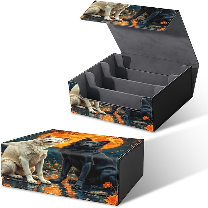 Large Card Deck Box for MTG, Fits 1200+ Sleeved Cards, PU Leather Storage Case with Strong Magnetic Closure, Multiple Colors for TCG CCG Baseball Card Collections, Black White Wolf