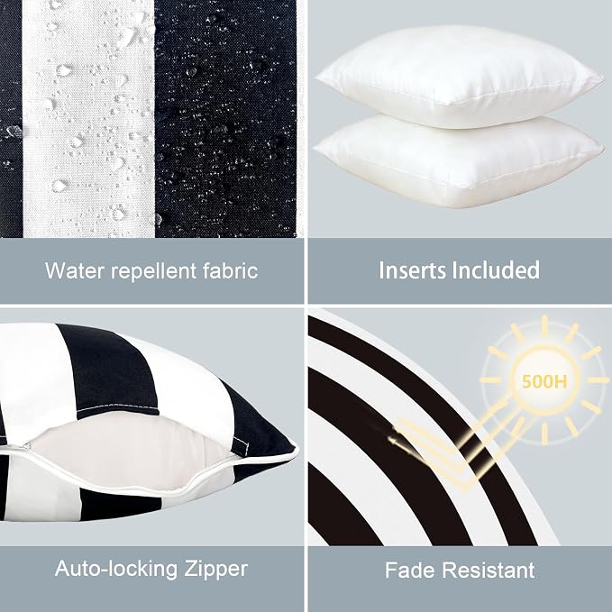 LVTXIII Outdoor Throw Pillows 20x20 Patio Waterproof Square Pillows with Piping Fade Resistant Accent Pillow for Spring Summer Garden Decoration, Set of 2, Cabana Black