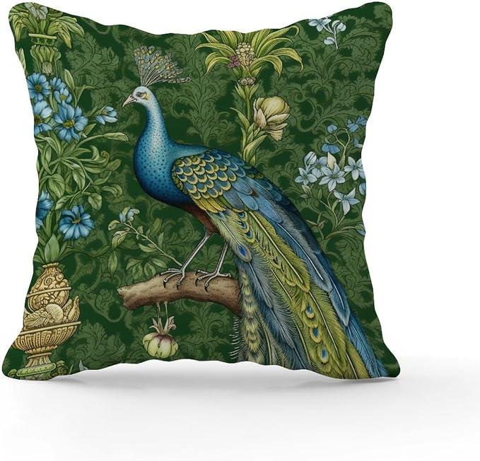 Cushion Cases Aqua and Green Chinoiserie Pillow Covers Rustic Green Peacock Animal Asian Pillow Cover Accent Outdoor Garden Decoration for Bedroom Sofa Bench Porch 24x24 in