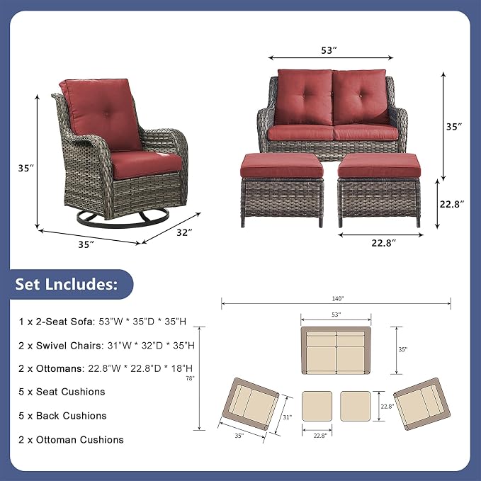Rilyson Wicker Patio Furniture Set - 5 Piece Rattan Outdoor Sectional Conversation Sets with 2 Rocking Swivel Chairs,2 Ottomans and 1 Loveseat for Porch Deck Garden(Mixed Grey/Red)