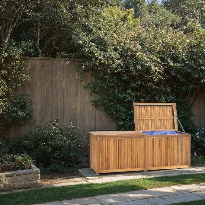Homgoday Outdoor Storage Box,Patio Deals,Large Outdoor Wooden Storage Deck Box, With Water-Proof Lining, 59.1" X 19.7" X 21.7" Storage Bench Seat, Solid Teak Wood