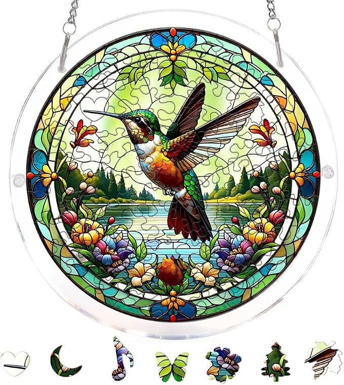 Acrylic Puzzle Suncatcher, Hummingbird Stained Glass Window Hanging, Sun Catcher Puzzle Kit Home Garden Decor, Creative Mothers Day and Birthdays Gifts for Mom, Wife, Sisters, 7.87 inch