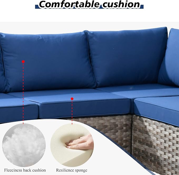HOOOWOOO Outdoor Patio Sectional Furniture Sofa Set with Swivel Rocking Chair,8 Piece Modern Wicker Couch with Widened Armrest,Modular Conversation Seating Set for Garden(Navy Blue)