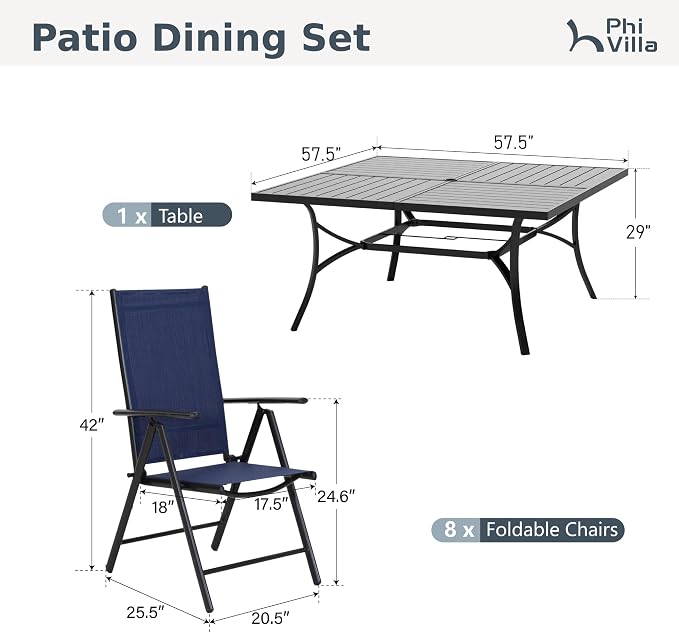 PHI VILLA Outdoor Dining Set for 8 w/Square Table & Folding Chairs, Blue | Light-weight & space-saving, Breathable & quick-drying, Metal Table, Umbrella Hole, Weather-Resistant, Adjustable, Patio deck