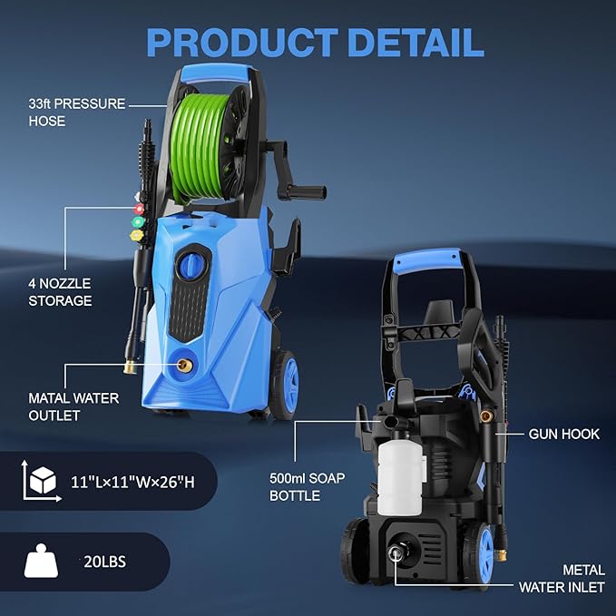Electric Pressure Washer 5000PSI Portable with 33FT Hose Reel, 4 Nozzle Set for Home/Cars/Fences/Windows, Blue