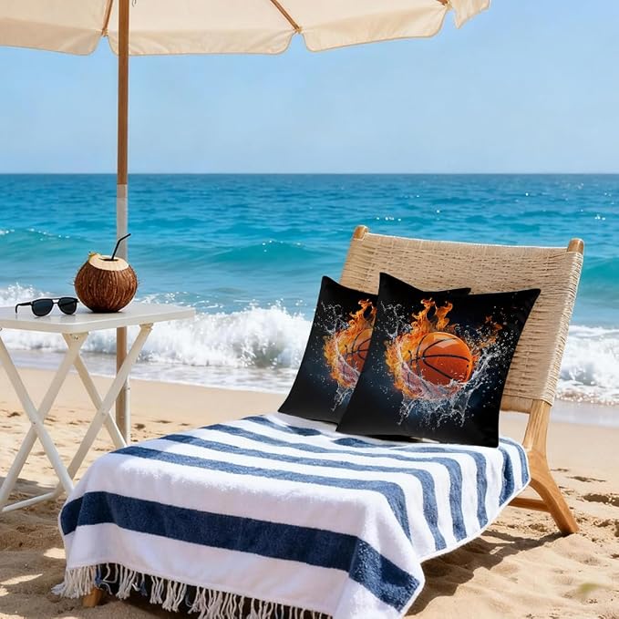 22x22 Inch Outdoor Pillow Covers Set of 2 Waterproof Throw Pillow Covers Decorative Couch Cushion Covers Basketball in Fire Square Pillowcases Protectors for Patio Garden Sofa