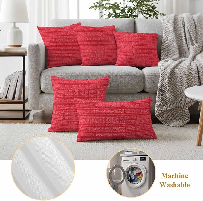 Outdoor Waterproof Throw Pillow Covers Set of 2 Red Stripes Grain Pillowcases 16x16 Inches Solid Color Decorative Pillows Cushion Case Patio Pillows for Couch Bed Chair Garden