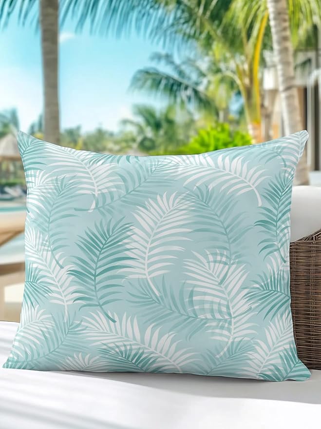 Waterproof Outdoor Pillow 1 Pack Aqua Tropical Palm Leaves Decorative Throw Pillows Cover & Insert 16x16 Inch Pillowcase Summer Jungle Foliage Pillows for Couch Sofa Bed Patio Furniture Indoor Outdoor