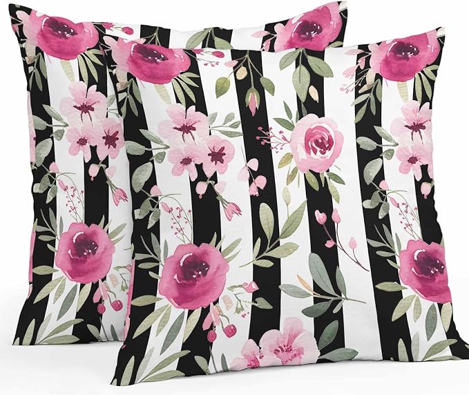 Vandarllin Outdoor Throw Pillows Covers 16x16 inch Set of 2 Waterproof Pink Flowers Decorative Zippered Cushion Covers for Patio Furniture, Floral Leaves Black Stripes Lumbar Pillowcases