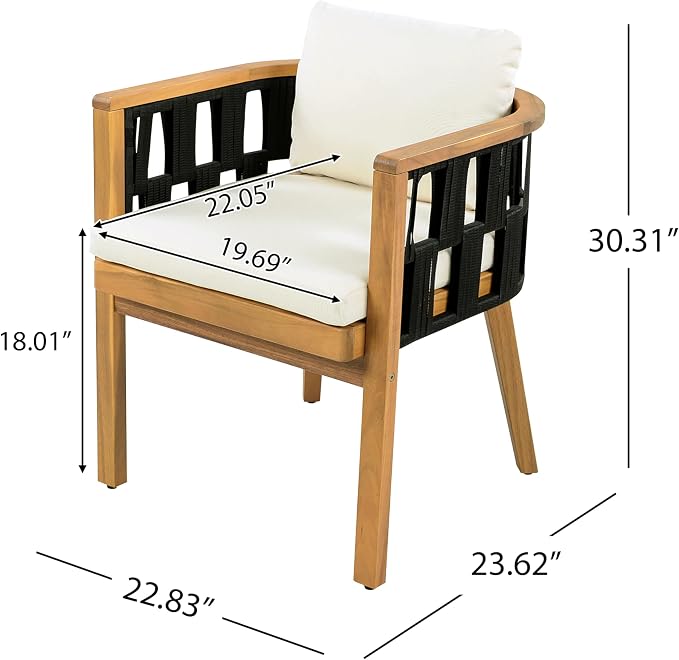 Acacia Wood Dining Set - Teak Finish Table + 6 Chairs with Cream Cushions, Rustic Metal Legs, for Outdoor Patio, Garden, Poolside, Indoor Use - Set of 7, Modern Coastal Style (Style4)