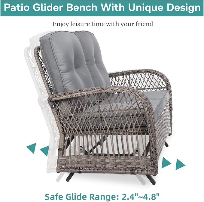 MEETWARM 5-Piece Outdoor Patio Set - Conversation Set with Glider Loveseat, 2 Armchairs & Glass-Top Coffee Table, Thickened Cushions, Gray