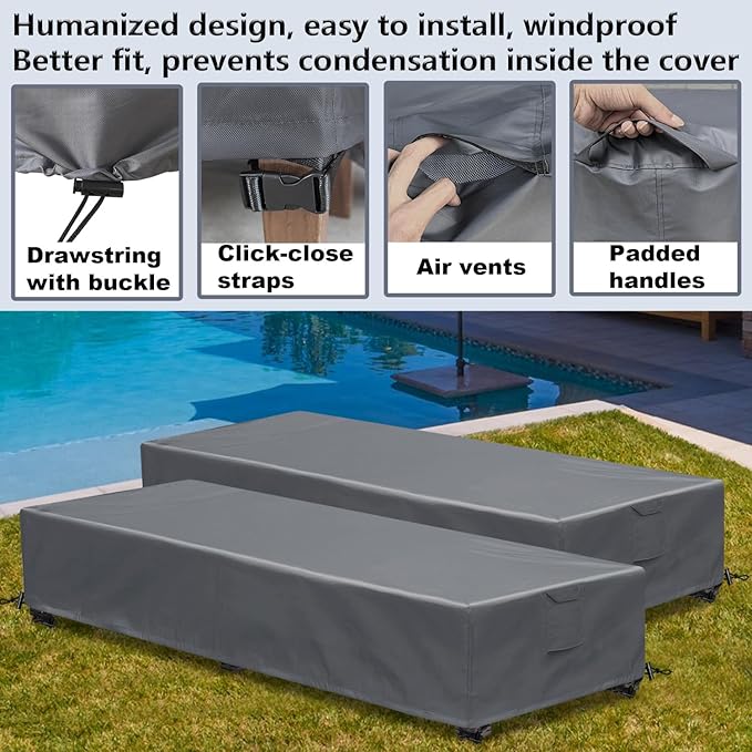 Patio Lounge Chair Covers 4 Pack Waterproof Outdoor chaise lounge cover 80" x 28" x 14" H 600D Weather Resistant Material, UV Protection, Windproof Design Outside Furniture Covers, Grey
