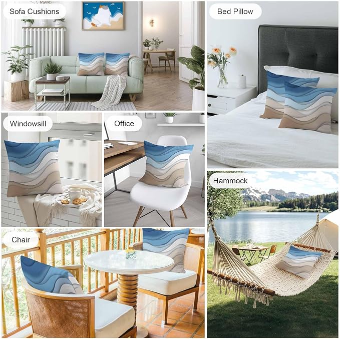 Modern Outdoor Pillow Covers Set of 2,Geometric Line Wave Striped Decorative Waterproof Throw Pillow Case,Minimalist Blue Brown Ombre Gradient Cushion Pillowcases for Couch Garden Patio,20x20In