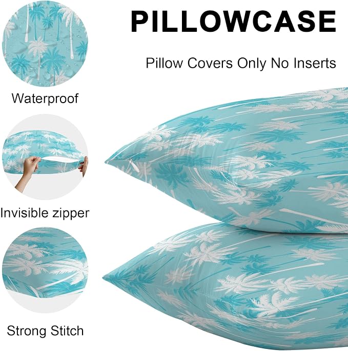 Lumbar Pillow Covers 20x12 Inch Set of 2, Tropical Palm Tree Waterproof Outdoor Pillow Covers, Blue Cyan Plants Coastal Leaf Beach Decorative Cushion Pillowcases for Couch, Sofa, Bed, Garden, Patio
