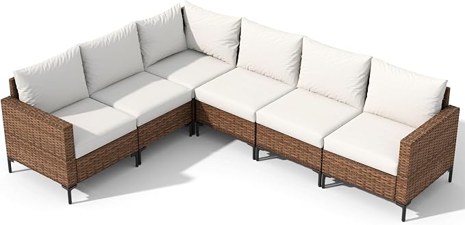 LAUSAINT HOME 6 Pieces Outdoor Patio Furniture Set, PE Wicker Sectional Conversation Sofa with Adjustable Backrests, Storage Ottoman & Wood Table with Umbrella Hole, Beige