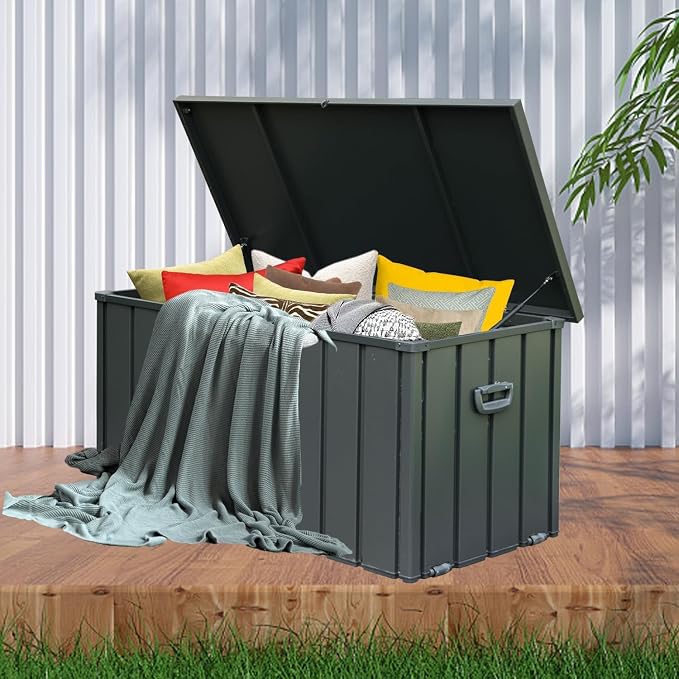 Domi Deck Box Outdoor 150 Gallon, Waterproof Lockable Steel Outdoor Storage Container for Outside Cushions, Garden Tools and Pools Equipment, Gray