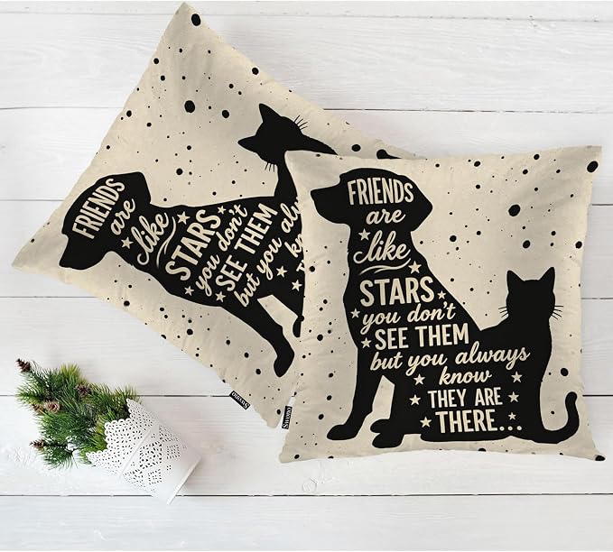 Swono Dog and Cat Square Pillow Covers Cushion Covers, Best Friend Quote 18"X18" Set of 2 Throw Pillow Cover Pillowcases Home Decorative for Couch Sofa Car Bedroom, No Insert, Black Cat Dog Friends