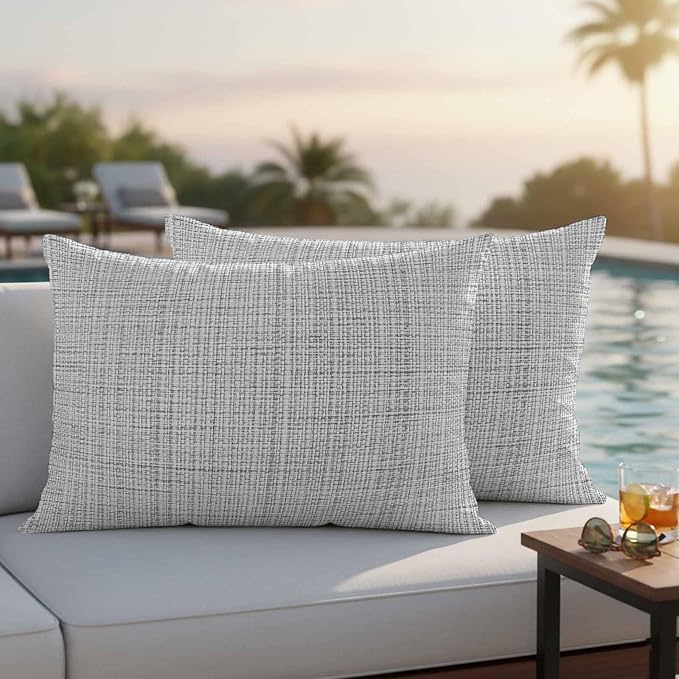 Outdoor Waterproof Throw Pillow Covers Set of 2 Grey Linen Texture Lumbar Pillowcases 20x12 Inches Solid Color Decorative Pillows Cushion Case Patio Pillows for Couch Bed Chair Garden