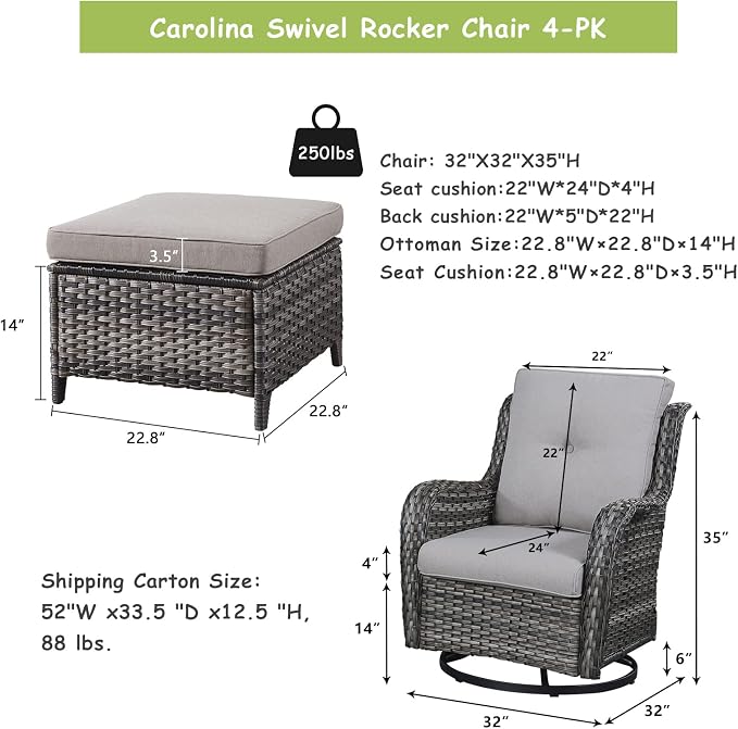 Rilyson Luxury 4 Pieces Patio Wicker Furniture Set, Outdoor Rattan Bistro Set with Rocking Swivel Chair, Ottoman and Thickened Cushions (Grey/Grey)