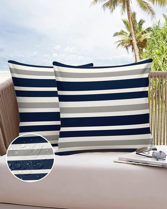 Outdoor Waterproof Throw Pillow Covers 16x16Inch, Navy Blue Cushions for Garden Patio Furniture Chairs Set of 2, Gray and White Stripes Home Decor Couch Sofa Polyester Pillow Cases