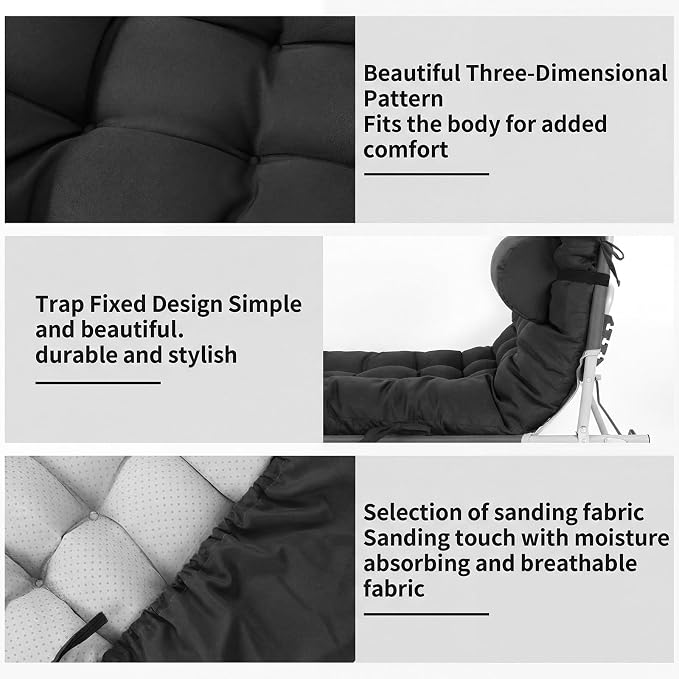 Tudomro Outdoor Chaise Lounge Cushion 66x21x4'' Waterproof & Fade-Resistant Patio Pool Chaise Lounge Cushion Headrest Pillow Tie Replacement Rocking High Back Chair(Black,Set of 2)
