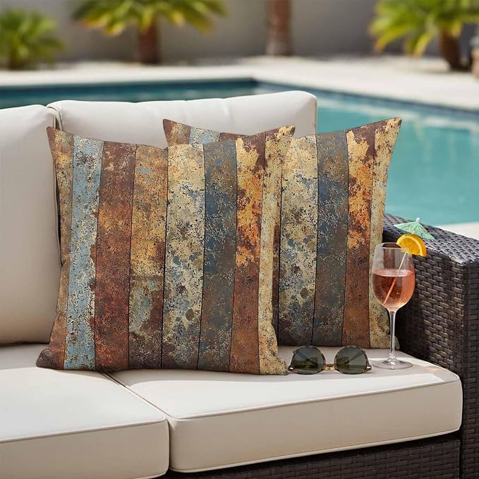 Brown Gray Outdoor Pillow Covers 16x16 Inch Throw Pillow Covers Set of 2 Waterproof Decorative Pillow Cases Farmhouse Abstract Gradient Wooden Grain Cushion Covers for Patio Furniture Garden Couch
