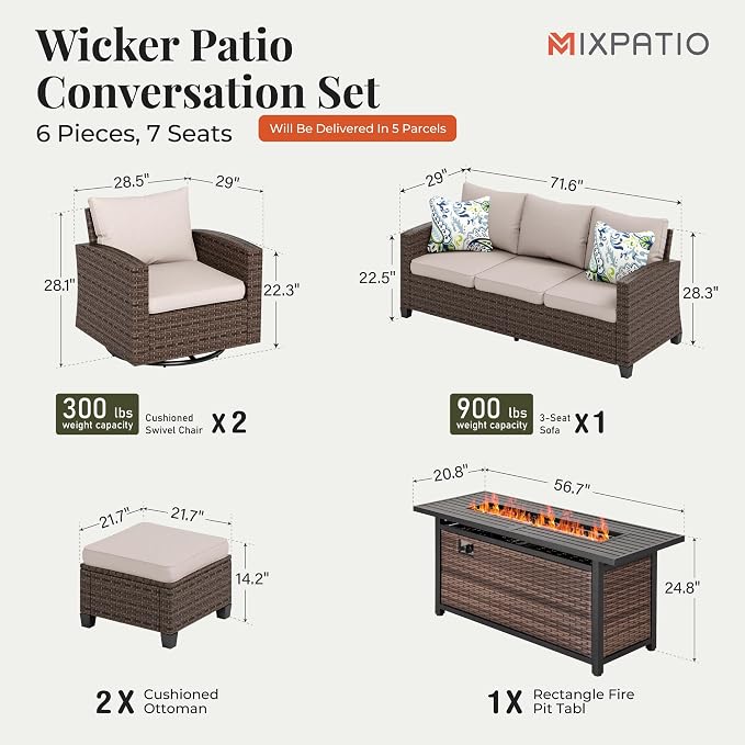 MIXPATIO Swivel Glide Outdoor Patio Furniture Set, 6 Pcs Wicker Patio Conversation Set, 2 x Swivel Chairs, 1 x 3 Seater Sofa and 2 x Ottomans with 4" Thick Cushions and 56" Fire Pit Table, Beige