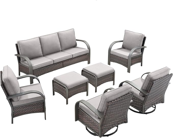 HUMMUH 7 Piece Outdoor Patio Furniture Sets-High Back Swivel Rocker Patio Chairs with Wicker Patio Couch Outdoor Conversation Furniture Set for Deck Porch Garden Poolside Backyard-Brown/Grey
