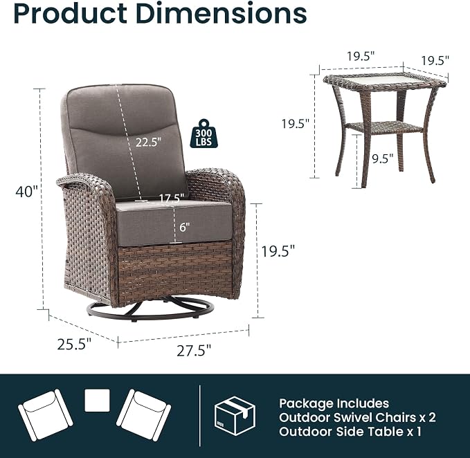Luxury 6-Inch Cushion Outdoor Swivel Rocker Patio Chairs with Side Table, High Back Wicker Patio Furniture Set for Deck Porch Garden Balcony and Poolside Gray Cushion