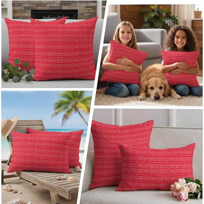 Outdoor Waterproof Throw Pillow Covers Set of 2 Red Stripes Grain Pillowcases 16x16 Inches Solid Color Decorative Pillows Cushion Case Patio Pillows for Couch Bed Chair Garden