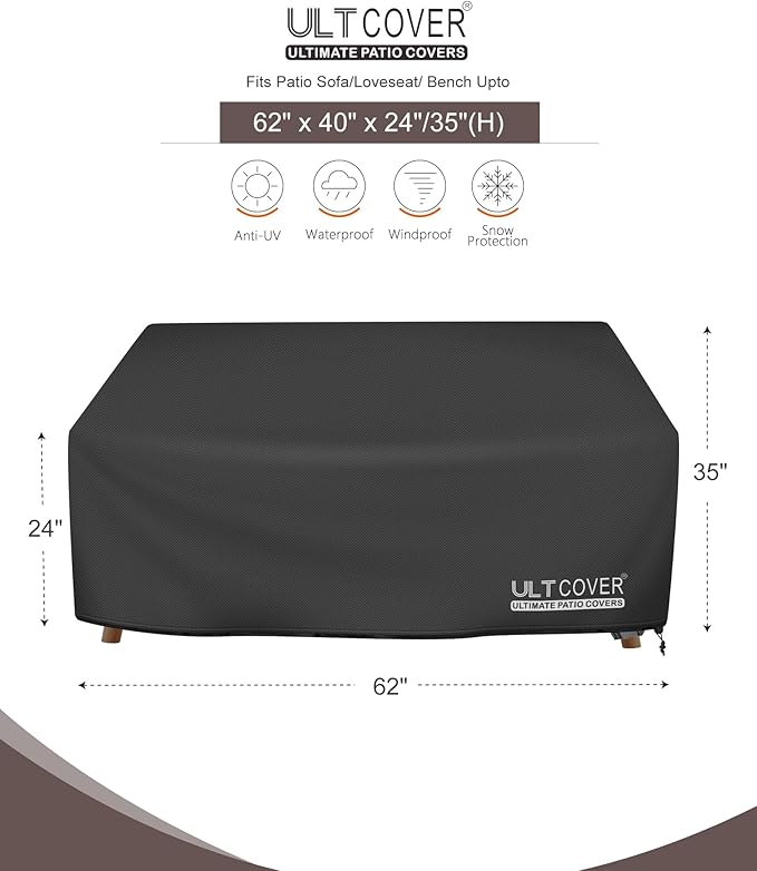 ULTCOVER Waterproof Outdoor Deep Seat Sofa Bench Cover 62W x 40D x 35H inch Patio Furniture Loveseat Cover, Black