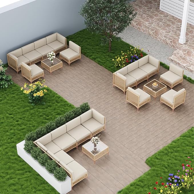 7-Piece Generous Patio Furniture Set, Wicker Outdoor Sectional Set with Large Tempered Glass Coffee Table, Boho Patio Conversation Couch Set with Thickened and Enlarged Cushion and Throw Cushion