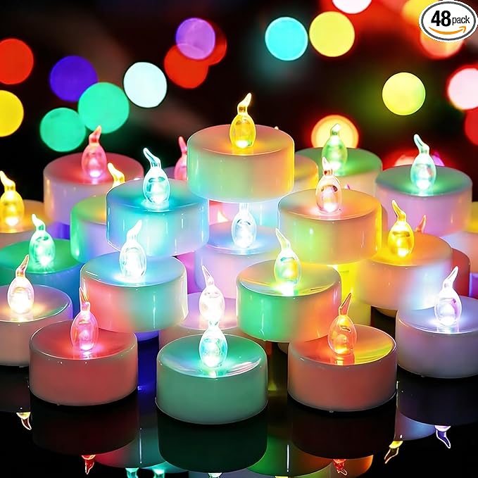 48 Pack Fast Color Changing Tea Lights Battery Operated, Flameless Flickering Electric Colored TeaLights, Flicker LED Colorful Votive Candles Bulk for Christmas Party Halloween Home Decorations