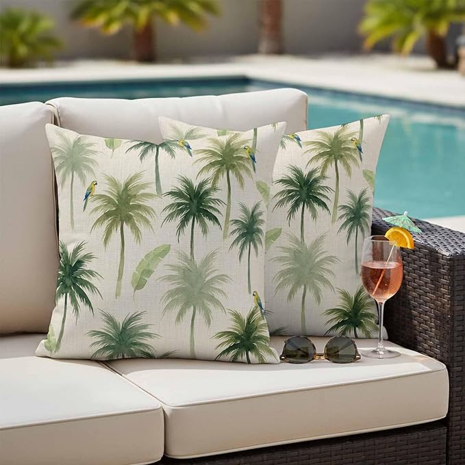 Yukro Summer Palm Tree Parrot Outdoor Waterproof Pillow Covers Pack of 2, Tropical Green Leaf Bird Retro Throw Pillowcases Decorative Cushion Covers for Garden Patio Tent Sofa Couch, 26x26 inch