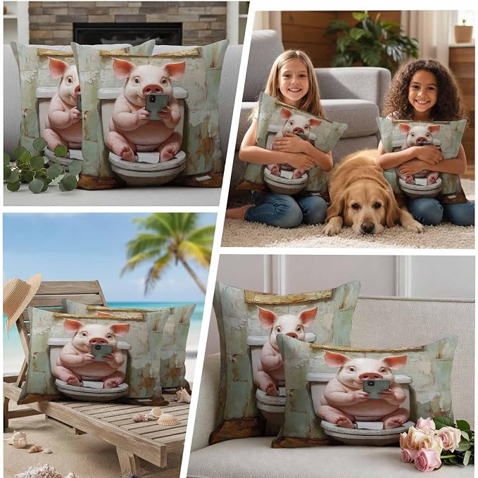 Waterproof Pillow Covers Set of 2 16x16 Inch Vintage Funny Outdoor Cushion Covers Piggy Cell Phone Toilet Decorative Pillow Cases for Patio, Sofa, Couch, Garden, Balcony