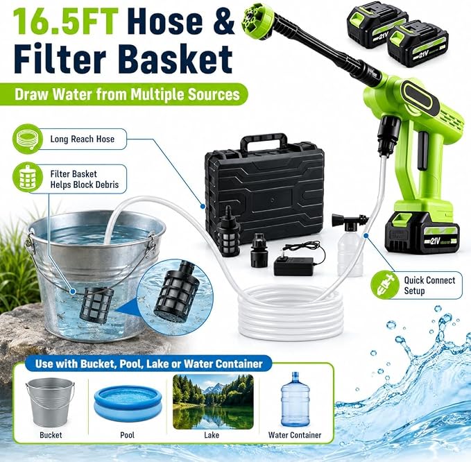 2026 Upgrade Cordless Portable Pressure Washer,1800 Psi Battery Powered Power Washer,Cordless Pressure Washer with 6-in-1 Nozzle,16.5ft Drain Hose & Foam Cannon,for Car,Home,Patio (C, 5 Battery*2)