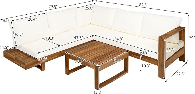 VilroCaz Outdoor Patio Furniture Set, L-Shaped Acacia Wood Sectional Sofa with Coffee Table, Cushions and Backpack, All-Weather Conversation Set for Garden Backyard Porch