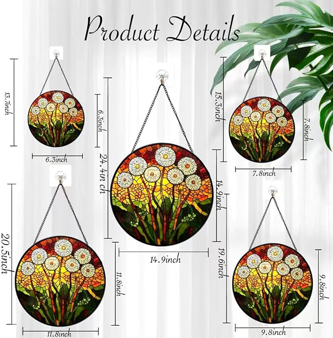 Stained Glass Window Hanging - Colorful Dandelion Pattern 6.3 Inches Suncatcher for Garden Home Decor for Women Mon Grandma Friends