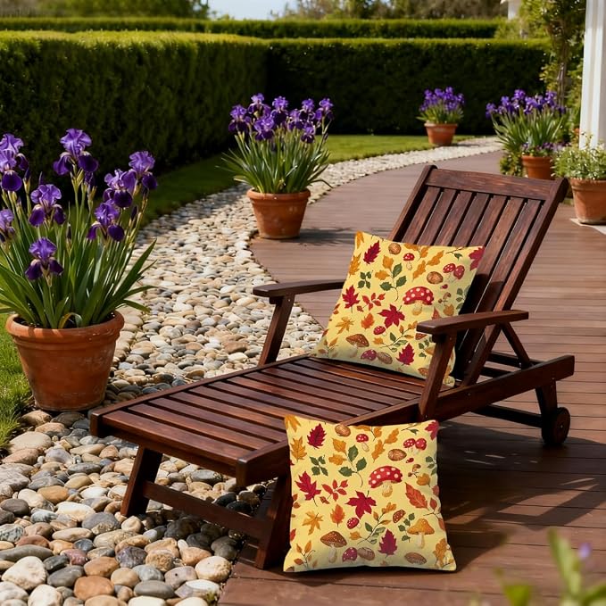 18x18 Inch Outdoor Pillow Covers Set of 2 Waterproof Throw Pillow Covers Decorative Couch Cushion Covers Mushrooms Leaves Fall Square Pillowcases Protectors for Patio Garden Sofa