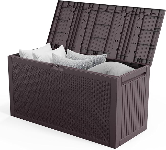 90 Gallon Large Outdoor Storage Box, Brown Maze-Pattern Resin Deck Box with Wheels & Side Handles, Lockable Waterproof UV-Resistant Patio Storage Container for Tools, Cushions, Toys, Garden Accessorie